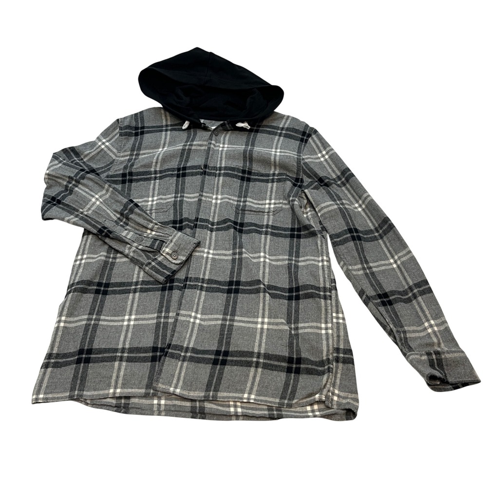Aeropostale Gray Plaid Long Sleeve Hooded Flannel Shirt Men's Size L